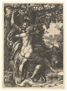 Angelica und Medoro, das Paar umarmt sich, Medoro schnitzt ihre Namen in die Rinde eines Baumes, ca. 1570 von Giorgio Ghisi