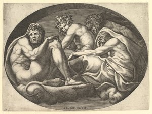 Herkules, Bacchus, Pan und Saturn, aus einer Serie von acht Kompositionen nach Francesco P. von Giorgio Ghisi