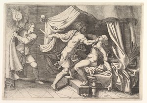 Tarquin greift Lucretia an, ein Diener links beobachtet die Szene, ca. 1540