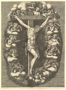 Der gekreuzigte Christus umgeben von trauernden Engeln, 1575-1679 von Giorgio Ghisi