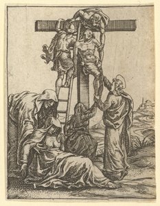 Die Jungfrau der Schmerzen: Die Kreuzabnahme, eines von neun umliegenden Feldern, vor 1575