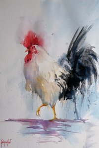 Stolzer Hahn Aquarell von Giorgio Gosti