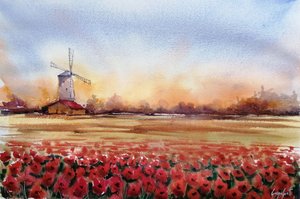 Rote Mohnblumen Windmühle von Giorgio Gosti