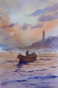Leuchtturmboot bei Sonnenuntergang von Giorgio Gosti