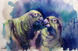 Aquarell Grüne Papageien von Giorgio Gosti