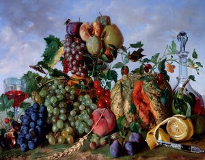 Stillleben mit Früchten des Monats August: Pfirsiche, Melone, Trauben, Damaskuspflaumen, Birnen
