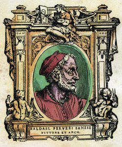 Porträt von Baldassarre Peruzzi (1481-1536) sienesischer Architekt und Maler. Gravur aus "Die Leben" von Giorgio Vasari (1511-1574) 1568