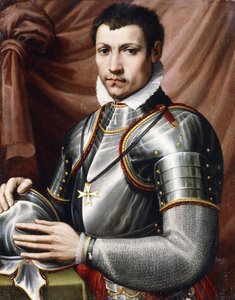 Porträt eines Ritters von Malta, Halbfigur, in Rüstung, einen Helm auf einem Tisch haltend, ein Vorhang dahinter