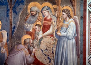 Die Anbetung der Heiligen Drei Könige. Detail zeigt den Magier, der vor Jesus in den Armen von Maria zwischen dem Engel und dem Heiligen Josef niederkniet (Fresko) von Giotto (c.1266 1337)