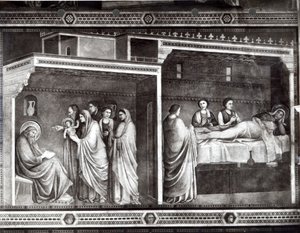 Die Geburt von Johannes dem Täufer und sein Vater Zacharias schreibt seinen Namen von Giotto di Bondone