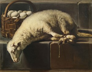 Ein gefesseltes Lamm neben einem Korb mit Eiern Allegorie auf Ostern, zweite Hälfte des 17. Jahrhunderts