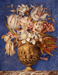 Blumen in einer Vase auf einem Marmorsims von Giovanna Garzoni