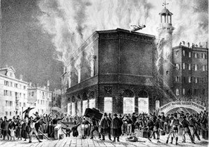Der Brand des Theaters La Fenice in Venedig im Jahr 1836. Gravur von Giovanni Pividor. Mailand, Konservatorium G. Verdi