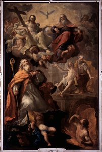 Darstellung des Heiligen Nikolaus von Bari und der Heiligen Dreifaltigkeit: Gott, Jesus Christus und die Taube des Heiligen Geistes. Gemälde von Andrea Carlone (1639-1697) Kirche Santa Margherita, Santa Margherita Ligure, Italien