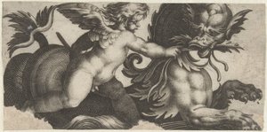 Putto füttert ein Seemonster mit einem Blatt
