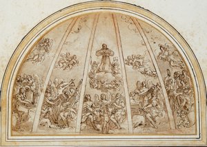 Die Apotheose des Heiligen Franziskus umgeben von musizierenden Engeln: Entwurf für eine Apsis oder Halbkuppel, durch Rippen geteilt von Giovanni Andrea Sirani
