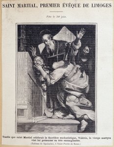 Heiliger Martial (3. Jahrhundert), erster Bischof von Limoges. Während der Feier des eucharistischen Opfers kommt die Jungfrau Valerie und präsentiert ihr blutiges Haupt dem heiligen Martial. Fest am 30. Juni. Gravur nach einem Gemälde von Spadarino.