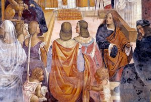 Benedikt exkommuniziert zwei Nonnen und absolviert sie nach ihrem Tod (Detail). Kreuzgangfresko von Antonio Bazzi, genannt Il Sodoma (1477 - 1549), das das Leben des Heiligen Benedikt von Nursia (480 - 567), Gründer des Benediktinerordens, erzählt. 1503 -  von Giovanni Antonio Bazzi Sodoma