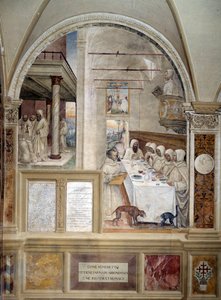 Benedikt erhält Mehl im Überfluss und ernährt die Mönche (Fresko von Antonio Bazzi, genannt il Sodoma, 1503 - 1508, Abtei von Monte Oliveto) von Giovanni Antonio Bazzi Sodoma