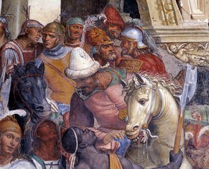 Wie Benedikt die beiden jungen Römer Maurus und Placid trifft (Detail) Fresko des Kreuzgangs, realisiert von Antonio Bazzi genannt il Sodoma (1477 - 1549), das das Leben von Benedikt von Nursia (480 - 567) Gründer des Benediktinerordens erzählt