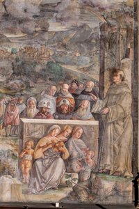 St. Antonius kommt in Padua an, wo er Frieden zwischen den Bürgern mit der Kraft und Süße seiner Predigt wiederherstellt (Detail) von Giovanni Antonio Corona
