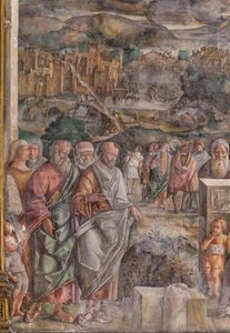 Der heilige Antonius kommt in Padua an, wo er mit der Kraft und Süße seiner Predigt Frieden zwischen den Bürgern wiederherstellt, Schule des Heiligen, (Detail) von Giovanni Antonio Corona