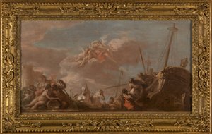 Skizze für die Decke der Banque Royale: Das Entladen von Waren aus Louisiana am Seineufer, 1720 von Giovanni Antonio Pellegrini