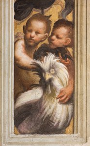 Zentrales Schiff, Lesene oberer Teil über Kapitell erster und zweiter Spann südlich, Puttini (Detail)
