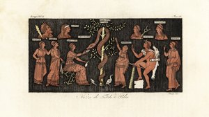 Herakles bei seiner 11. Arbeit, goldene Äpfel aus dem Garten der Hesperiden nehmend, bewacht von der Schlange Ladon
