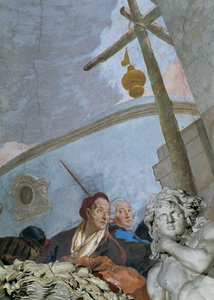Ein Selbstporträt zeigt einen erschöpften, stark gealterten Tiepolo, der sich über die Eckkartusche beugt