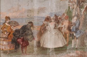 Gästeunterkünfte, das Zimmer der Karnevalsszenen: "Pantalone und Columbina", eine Szene mit Masken