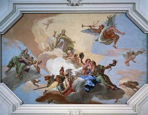Triumph des Ruhms verkündet von der Fama unter den Kardinaltugenden