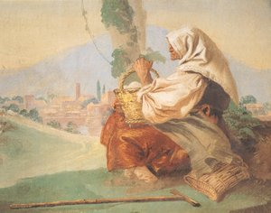Landschaft mit Bauer, ein alter Mann sitzt, sein Kopf bedeckt von einem blutigen Mann, der sein Gesicht verbirgt