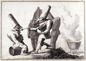 Die Gruppe von Pulcinella (italienischer Polichinelle). Zeichnung in Feder und Waschung auf Bleistiftmarkierung von Giovanni Battista (Giambattista) Tiepolo (1696-1770) von Giovanni Battista Tiepolo