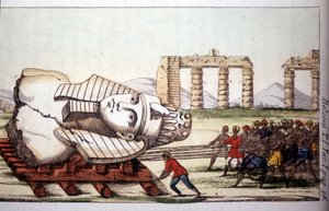 Transport der Büste von Memnon am Ufer des Nils durch Belzoni. Giovanni Battista (Gianbattista) Belzoni (1778-1823), italienischer Entdecker und Archäologe, machte wichtige archäologische Entdeckungen in Ägypten. Gravur - in „Viaggio in Egitto e...
