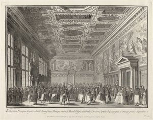 Empfang des Dogen von ausländischen Botschaftern in der Sala del Collegio, 1763-1766 von Giovanni Battista Brostoloni