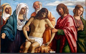 Toter Christus, unterstützt von der Jungfrau Maria, Nikodemus, dem heiligen Johannes dem Evangelisten und den zwei Marien