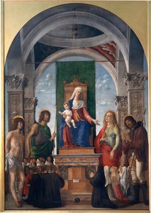 Madonna mit Kind auf dem Thron mit St. Sebastian, St. Johannes dem Täufer, St. Maria Magdalena, St. Rochus und Mitgliedern der Bruderschaft von San Giovanni Evangelista von Giovanni Battista Cima da Conegliano