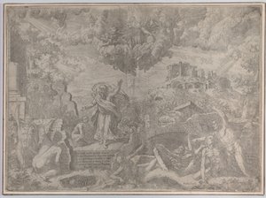 Die Vision von Ezechiel, mit den Toten, die auferstehen und ihr Fleisch anlegen, Gott der Vater oben, 1579