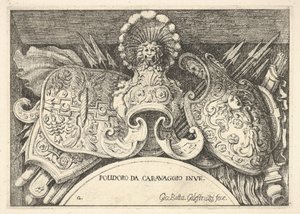 Tafel 2: Trophäen römischer Waffen aus Dekorationen über den Fenstern im zweiten Stock... von Giovanni Battista Galestruzzi