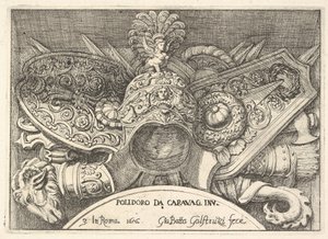Platte 3: Trophäen römischer Waffen aus Dekorationen über den Fenstern im zweiten Stock ..., 1656 von Giovanni Battista Galestruzzi