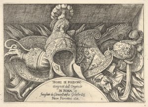 Trophäen römischer Waffen von Dekorationen über den Fenstern im zweiten Stock, 1658 von Giovanni Battista Galestruzzi