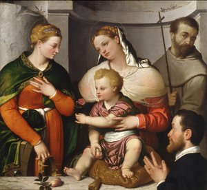 Madonna mit Kind, St. Katharina, St. Franziskus und der Stifter, ca. 1550 von Giovanni Battista Moroni