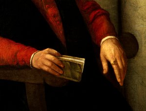 Vermutetes Porträt von Francois Rabelais (1494-1553), französischer Schriftsteller und Arzt. Detail des Buches, das er in der Hand hält, und des Ritters, den er am Finger trägt. Gemälde von Giovanni Battista Moroni (1525-1578) von Giovanni Battista Moroni