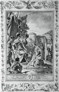 Armida vor Goffredo, Kupferstich von Giovanni Battista Piazzetta (1683-1754) für Gesang III von Jerusalem Befreit, von Torquato Tasso (1544-1595), veröffentlicht von Giovanni Battista Albrizzi, Venedig, Italien von Giovanni Battista Piazzetta