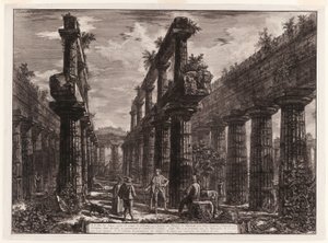 A., B. Ansicht der Überreste der beiden Säulenreihen im Tempel des Neptun, die ursprünglich die Kolonnaden entlang der Seiten der Cella bildeten und den obersten Teil des Daches stützten, aus Verschiedene Ansichten von Paestum
