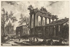 Altra Veduta degli avanzi del Pronao del Tempio del Concordia (Eine andere Ansicht der Überreste des Pronaos des Tempels der Concordia [des Tempels des Saturn mit dem Bogen des Septimius Severus im linken Hintergrund]), aus Vedute di Roma (Ansichten von Ro von Giovanni Battista Piranesi
