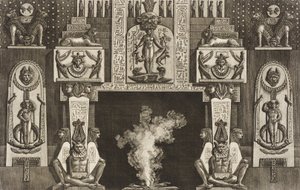 Kaminverkleidung im ägyptischen Stil: Gruppen von drei kauernden Figuren an jedem Gewände. von Giovanni Battista Piranesi
