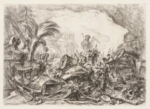 Groteschi: Ruinen mit einer Statue eines Fauns und einer gefallenen Säule, ca. 1745-50 von Giovanni Battista Piranesi