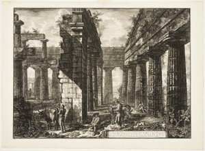 Innenansicht der Überreste eines der Pronaoi des Neptuntempels, der landeinwärts gerichtet ist, aus Verschiedene Ansichten von Paestum von Giovanni Battista Piranesi